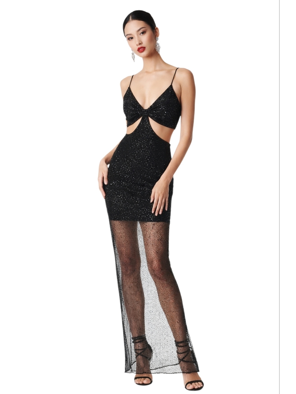 NWT $795 Alice Olivia Havana Crystal Mesh Cut Out Maxi Dress Black Size 2